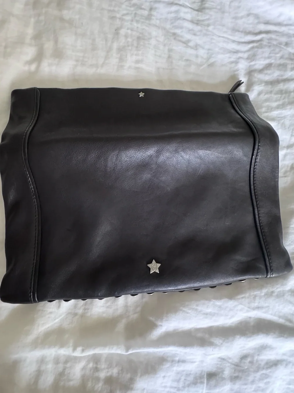 Ash Black Real Leather Fold-Over Clutch with Silver Studded Panel